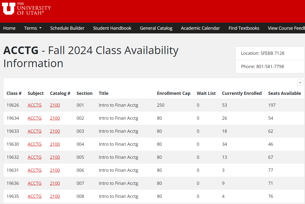 class schedule enrollment information