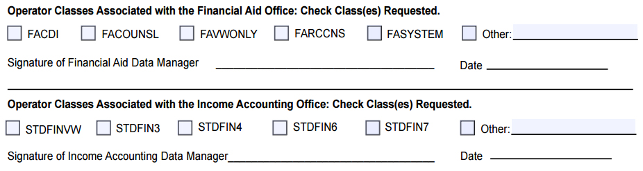financial aid and income accounting operator classes form fields