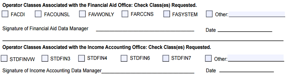 fiancial aid and income accounting operator classes form fields
